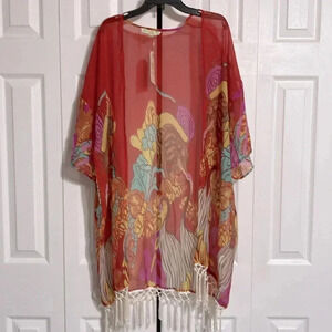 Anandas red fringe floral & birds wrap shawl cover cardigan top FREE size